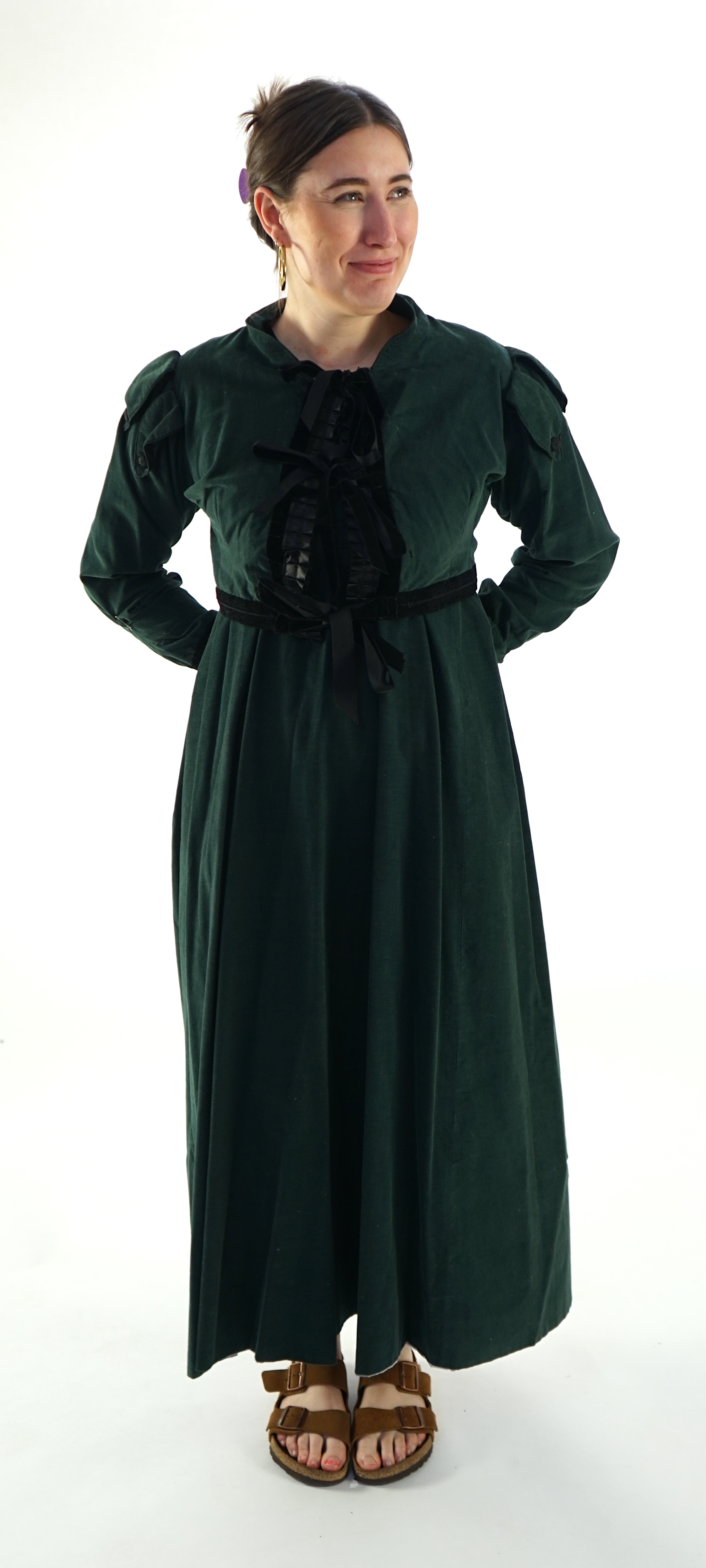 Two lady's Regency style day dresses (1 x dark green taffeta dress with brown short jacket and 1 x bottle green fine cord day dress and short matching jacket)., Ex Carl Rosa Opera Company.